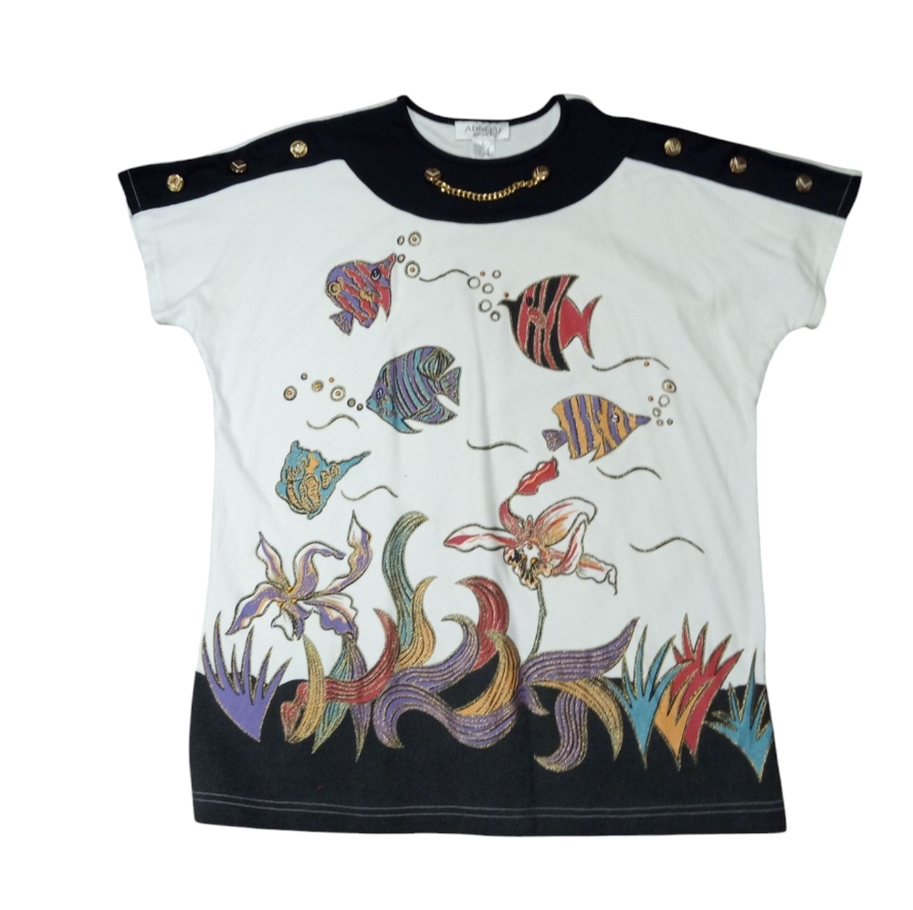 Vintage Adolfo Sport Colorful Fish Print Shirt Size L